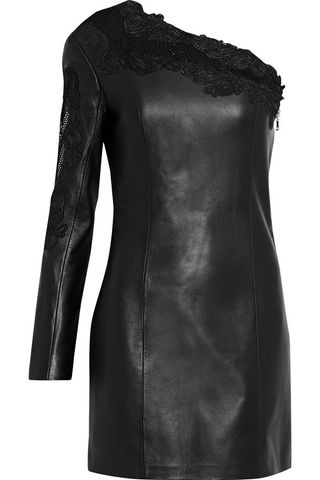 Balmain + One-Shoulder Embroidered Mesh-Trimmed Leather Mini Dress