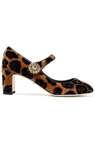 Dolce & Gabanna + Vally Embellished Leopard-Print Velvet Mary Jane Pumps