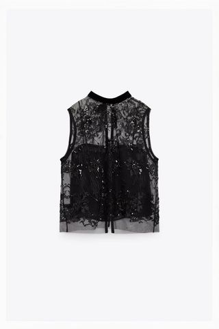 Zara + Embroidered Tulle Top