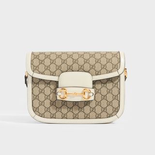 Gucci + 1955 Horsebit Shoulder Bag in Coated GG Canvas With White Leather