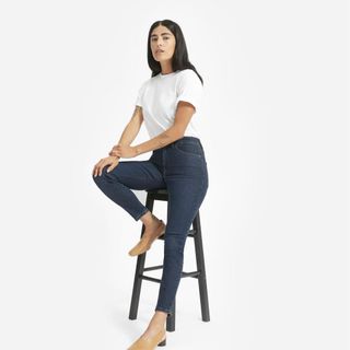 Everlane + Authentic Stretch High-Rise Skinny Ankle Jeans in Dark Blue Wash