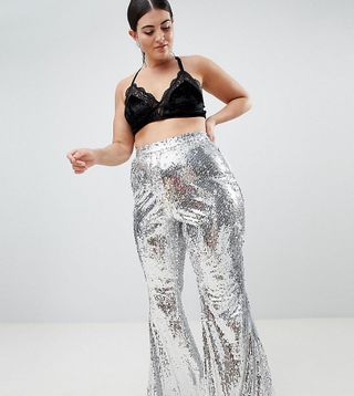 Lasula Plus + Sequin Flared Pants in Silver