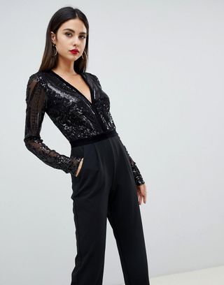 Goddiva + Sequin Embellished Plunge Jumpsuit in Black