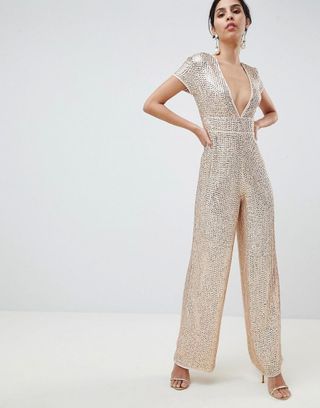 ASOS + Embellished Plunge Jumpsuit With Wide Leg