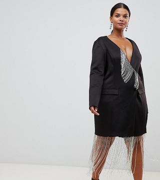 ASOS Curve + Tux Mini Dress With Rhinestone Fringe