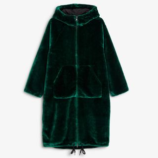 Monki + Hooded Faux-Fur Coat