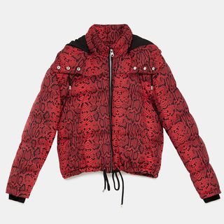 Zara + Snakeskin Print Hooded Puffa Coat