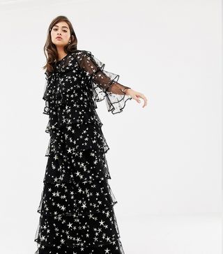 Sister Jane + Tiered Midaxi Dress in Star Embroidered Mesh