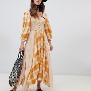 Free People + Old Friends Checked Button Front Maxi Dress