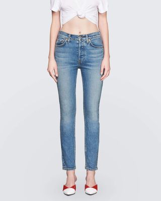 Re/Done Originals + Comfort Stretch High-Rise Ankle Crop Jeans in Mid 80s