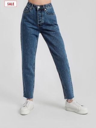 Assembly Label + High Waist Rigid Fray Jeans in Mid Blue Denim