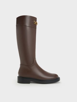 Charles & Keith + Dark Brown Metallic Chain Accent Knee-High Boots