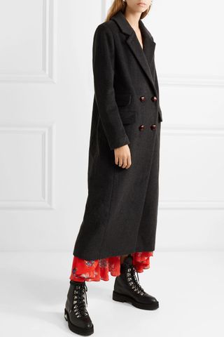 Ganni + Mayer Double-Breasted Leather-Trimmed Wool Coat