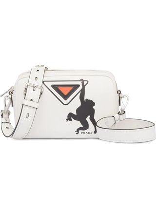 Prada + White Monkey Logo Print Leather Shoulder Bag