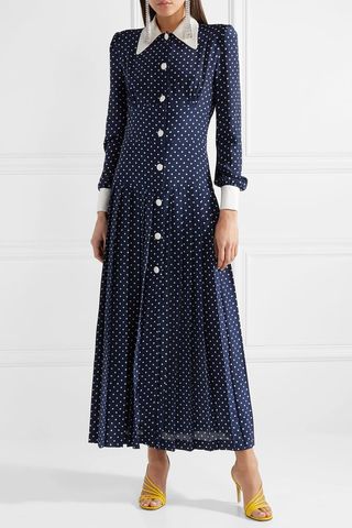 Alessandra Rich + Pleated Polka-Dot Silk Crepe de Chine Midi Dress