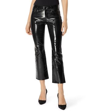 J Brand + Selena Mid-Rise Cropped Boot Cut in Stretch Patent Black Leather