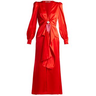 Alessandra Rich + V-Neck Crystal-Embellished Silk-Satin Dress