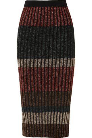 By Malene Birger + Hollis Striped Metallic Ribbed-Knit Midi Skirt