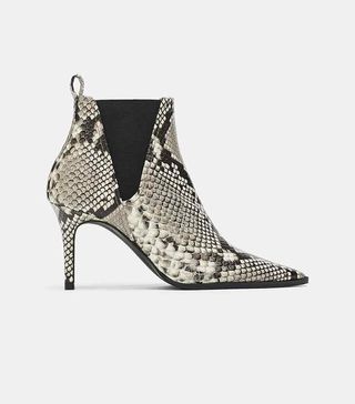 Zara + Snakeskin Print Heeled Leather Ankle Boots