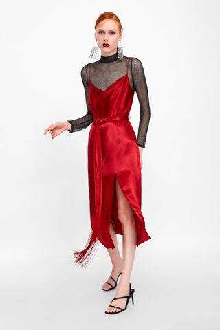 Zara + Lingerie-Style Fringe Dress With Belt