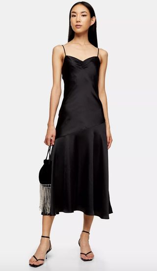 Topshop + Black Ruched Bias Satin Slip Dress