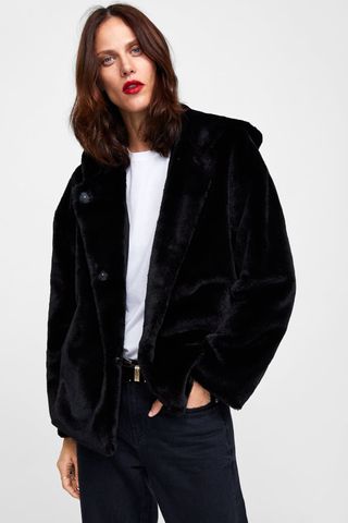 Zara + Hooded Faux Fur Jacket