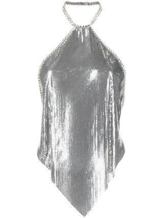 Rabanne + Crystal-Embellished Metallic Halterneck Top
