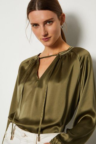 Karen Millen + Silk Satin Tie Neck Long Sleeve Top