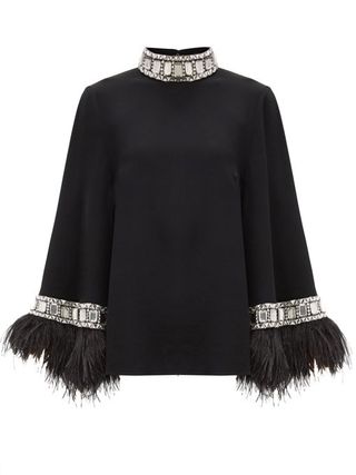 Andrew Gn + Crystal & Ostrich Feather-Trimmed Crepe Blouse