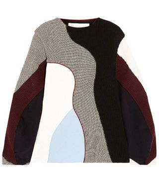 Victoria Beckham + Paneled Ribbed-Knit, Houndstooth Wool and Sateen Sweater