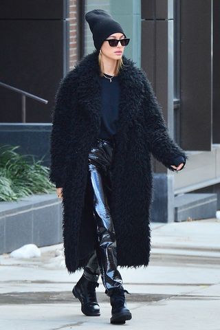 Hailey Bieber in black leather top and leather pants on April 23 ~ I want  her style - What celebrities wore and where to buy it. Celebrity Style