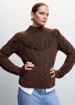 Mango + Fringed Cable-Knit Sweater