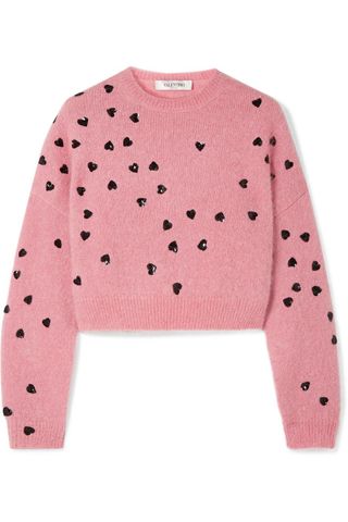 Valentino + Cropped Sequin-Embellished Mohair-Blend Sweater