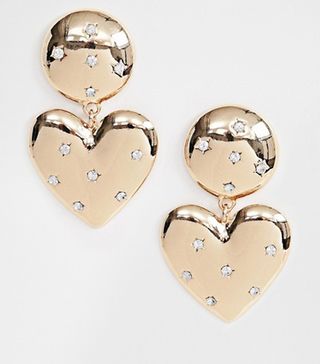 ASOS Design + Earrings With Heart Drop and Crystal Detail in Gold