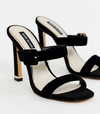 River Island + Heeled Leather Sandals With Buckle Strap in Black