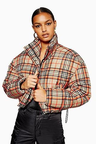 Topshop + Cropped Check Puffer Jacket