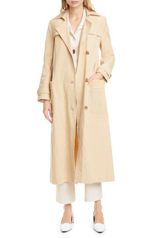 Nanushka + Alex Vegan Leather Trim Cotton & Linen Trench Coat