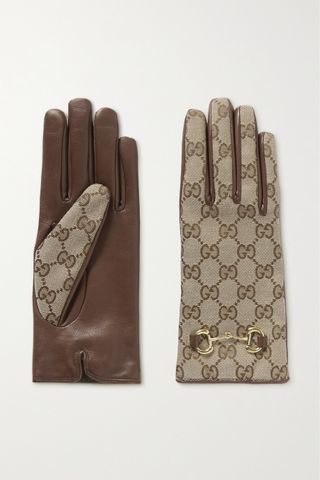 Gucci + Madly Horsebit-Embellished Coated-Canvas and Leather Gloves