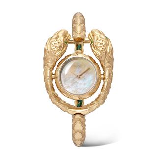 Gucci + Dionysus 23MM 18-Karat Gold, Tsavorite and Mother-of-Pearl Watch