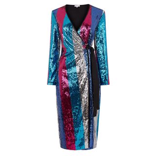 Warehouse + Multi Stripe Sequin Wrap Dress