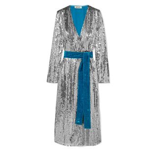 Attico + Wrap-Effect Paneled Sequined Crepe and Velvet Midi Dress