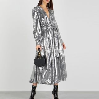 MSGM + Silver Sequinned Midi Dress