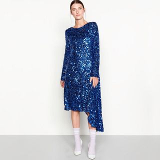 Studio by Preen + Blue Sequin Asymmetric Elsa Long Sleeves Dress