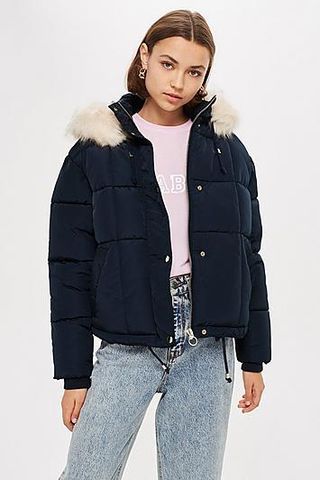 Topshop + Navy Faux Fur Quilted Puffer Jacket