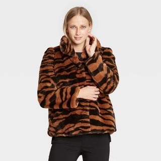 Who What Wear + Zebra Print Puff Shoulder Faux Fur Jacke