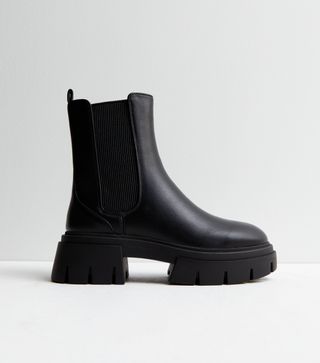 New Look + Black Leather-Look Chunky Cleated Sole Chelsea Boots