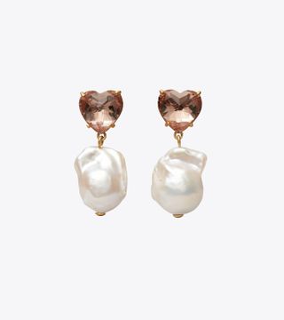 Tory Burch + Crystal Heart & Pearl Drop Earrings