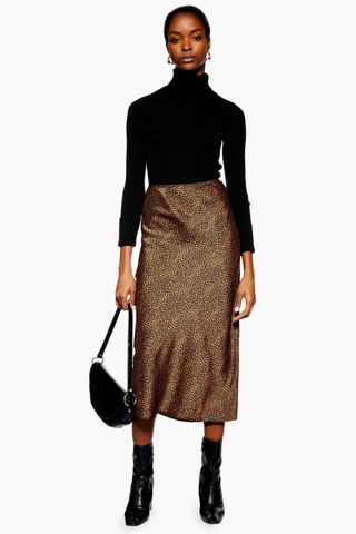 Topshop + Spot Animal Satin Bias Midi Skirt