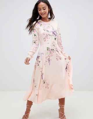 ASOS Design + Midi Dress With Pretty Floral and Bird Embroidery