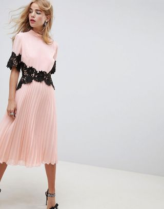 ASOS Design + Lace Waist and Cuff Pleated Midi Dress